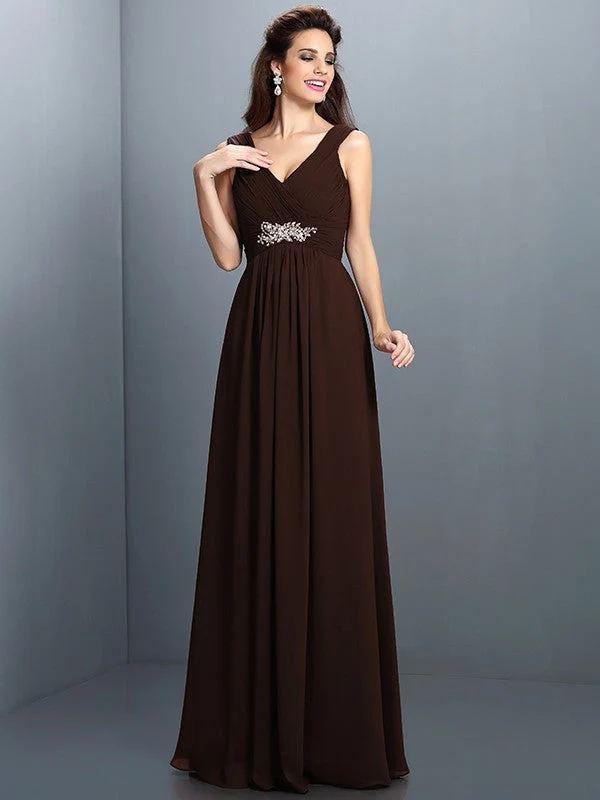 V-Neck Elegant Beading Pleats Sleeveless Long Chiffon Bridesmaid Dresses - Image 9