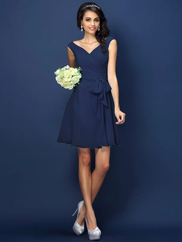 V-Neck Elegant Pleats Bowknot Sleeveless Short Chiffon Bridesmaid Dresses - Image 10
