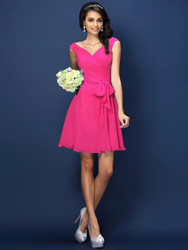 V-Neck Elegant Pleats Bowknot Sleeveless Short Chiffon Bridesmaid Dresses - Image 11