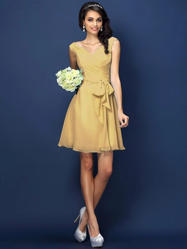 V-Neck Elegant Pleats Bowknot Sleeveless Short Chiffon Bridesmaid Dresses - Image 12