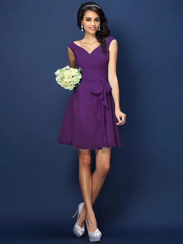 V-Neck Elegant Pleats Bowknot Sleeveless Short Chiffon Bridesmaid Dresses - Image 13