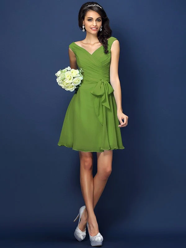 V-Neck Elegant Pleats Bowknot Sleeveless Short Chiffon Bridesmaid Dresses - Image 14