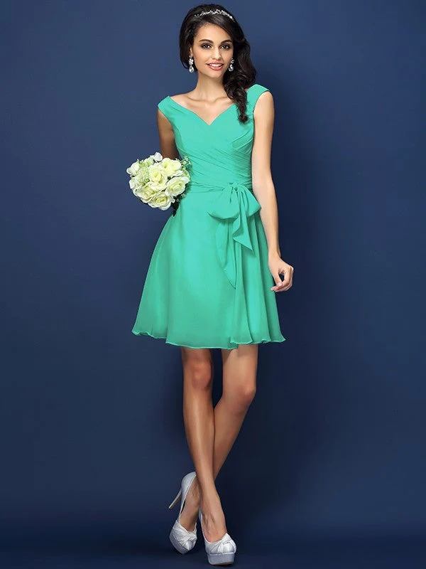 V-Neck Elegant Pleats Bowknot Sleeveless Short Chiffon Bridesmaid Dresses - Image 15