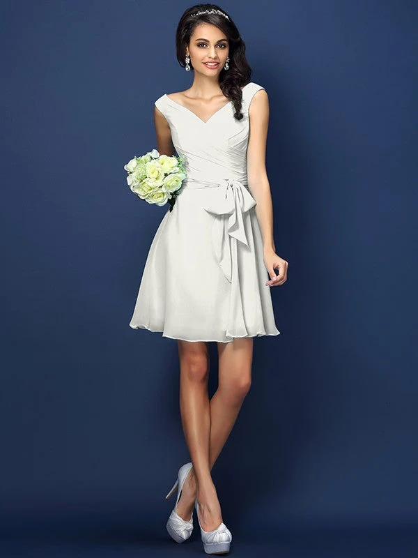 V-Neck Elegant Pleats Bowknot Sleeveless Short Chiffon Bridesmaid Dresses - Image 16