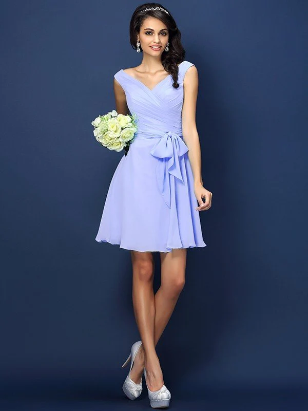 V-Neck Elegant Pleats Bowknot Sleeveless Short Chiffon Bridesmaid Dresses - Image 17