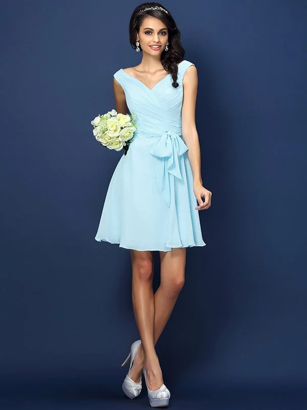 V-Neck Elegant Pleats Bowknot Sleeveless Short Chiffon Bridesmaid Dresses - Image 18