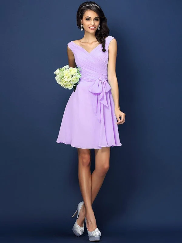 V-Neck Elegant Pleats Bowknot Sleeveless Short Chiffon Bridesmaid Dresses - Image 19