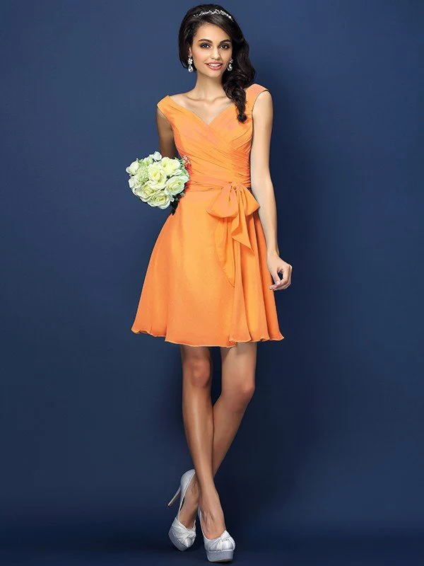 V-Neck Elegant Pleats Bowknot Sleeveless Short Chiffon Bridesmaid Dresses - Image 20