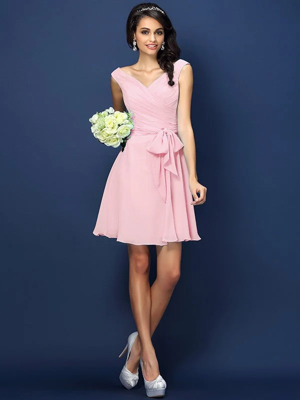 V-Neck Elegant Pleats Bowknot Sleeveless Short Chiffon Bridesmaid Dresses - Image 21