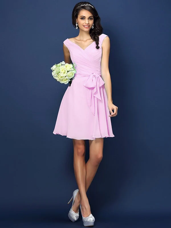 V-Neck Elegant Pleats Bowknot Sleeveless Short Chiffon Bridesmaid Dresses - Image 22