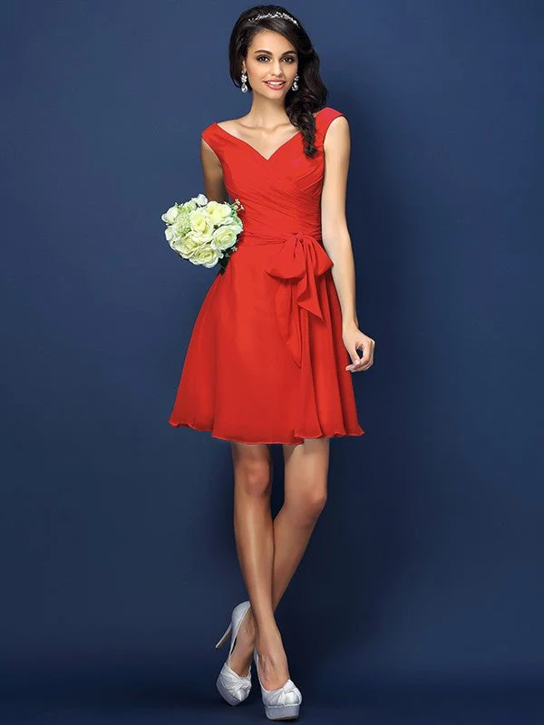 V-Neck Elegant Pleats Bowknot Sleeveless Short Chiffon Bridesmaid Dresses - Image 23