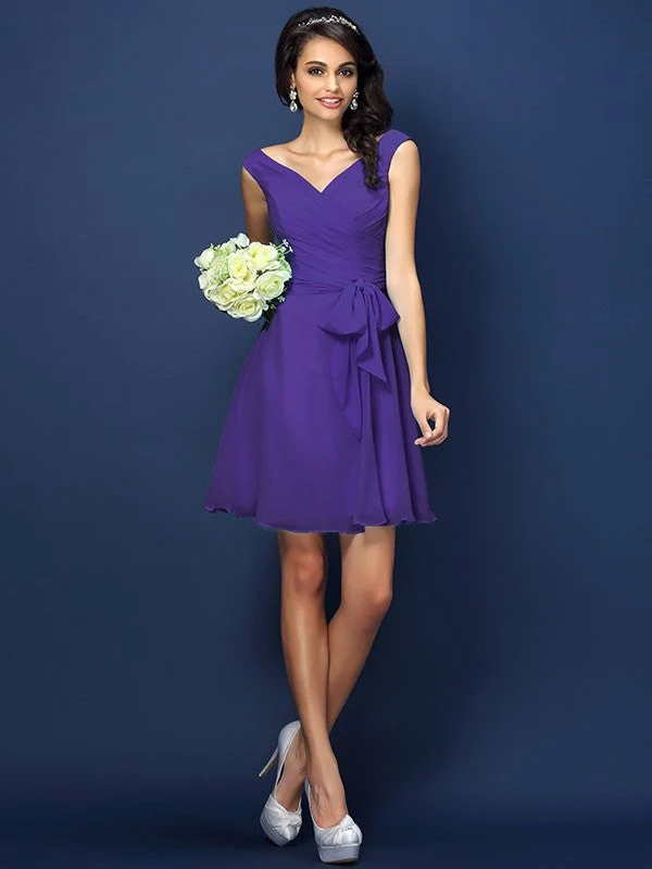 V-Neck Elegant Pleats Bowknot Sleeveless Short Chiffon Bridesmaid Dresses - Image 24