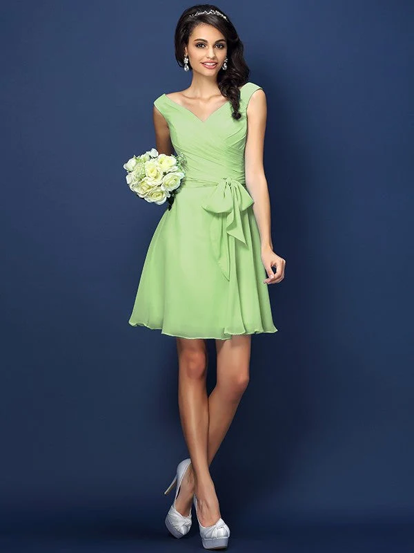 V-Neck Elegant Pleats Bowknot Sleeveless Short Chiffon Bridesmaid Dresses - Image 26