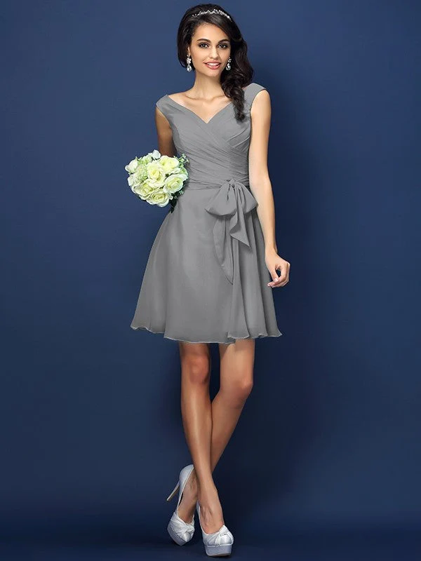 V-Neck Elegant Pleats Bowknot Sleeveless Short Chiffon Bridesmaid Dresses - Image 27