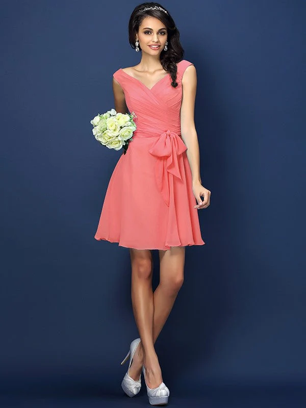 V-Neck Elegant Pleats Bowknot Sleeveless Short Chiffon Bridesmaid Dresses - Image 28
