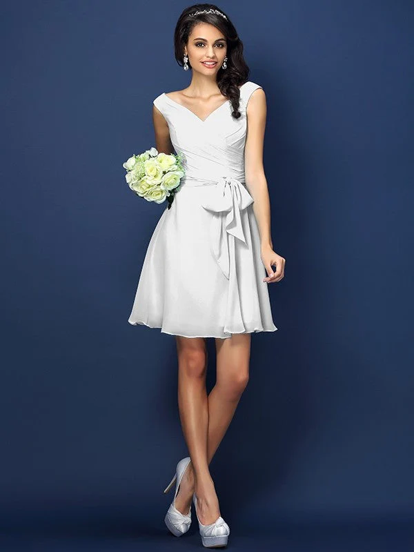 V-Neck Elegant Pleats Bowknot Sleeveless Short Chiffon Bridesmaid Dresses - Image 29