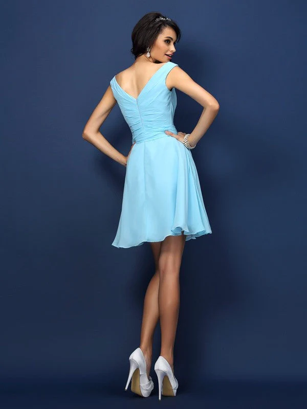 V-Neck Elegant Pleats Bowknot Sleeveless Short Chiffon Bridesmaid Dresses - Image 30
