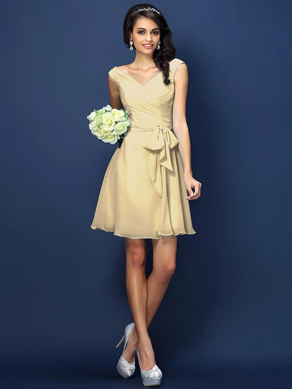 V-Neck Elegant Pleats Bowknot Sleeveless Short Chiffon Bridesmaid Dresses - Image 6