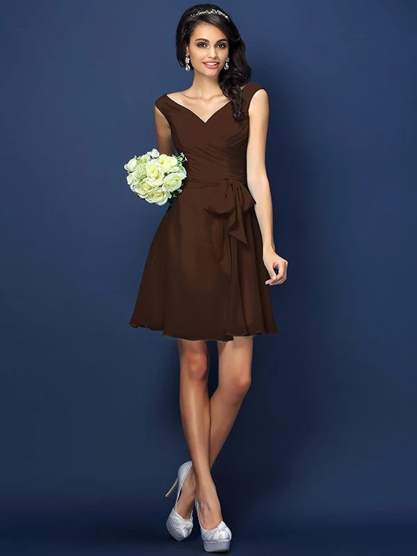 V-Neck Elegant Pleats Bowknot Sleeveless Short Chiffon Bridesmaid Dresses - Image 7