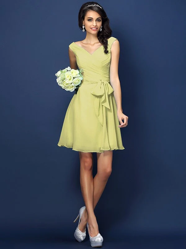 V-Neck Elegant Pleats Bowknot Sleeveless Short Chiffon Bridesmaid Dresses - Image 8