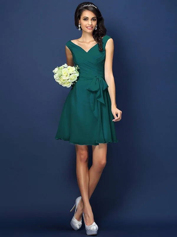 V-Neck Elegant Pleats Bowknot Sleeveless Short Chiffon Bridesmaid Dresses - Image 9