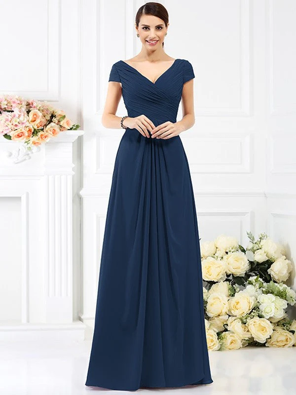 V-Neck Elegant Pleats Short Sleeves Long Chiffon Bridesmaid Dresses - Image 10