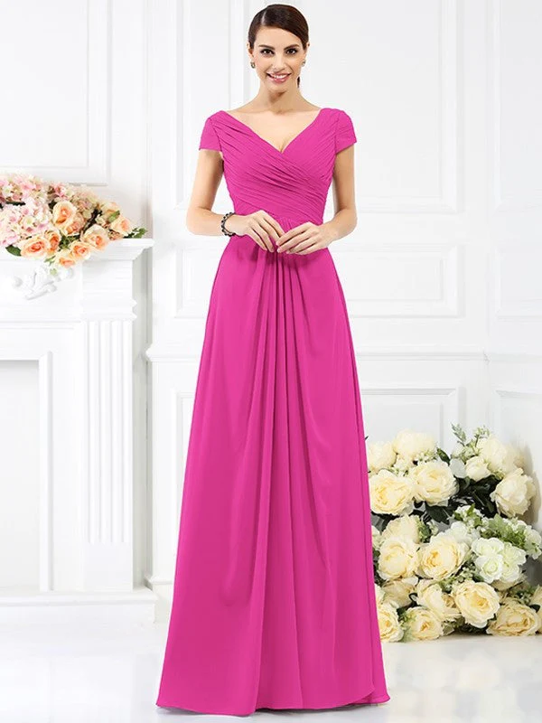 V-Neck Elegant Pleats Short Sleeves Long Chiffon Bridesmaid Dresses - Image 11