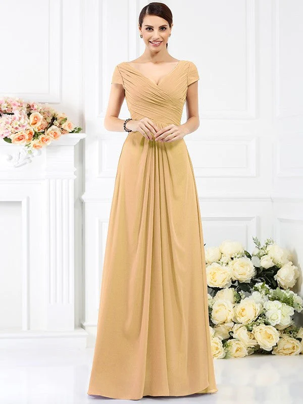 V-Neck Elegant Pleats Short Sleeves Long Chiffon Bridesmaid Dresses - Image 12