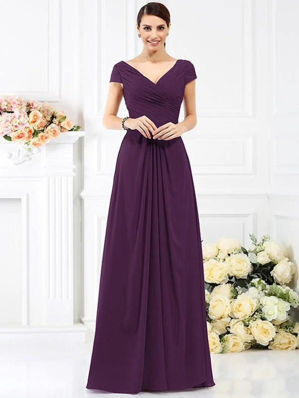 V-Neck Elegant Pleats Short Sleeves Long Chiffon Bridesmaid Dresses - Image 13