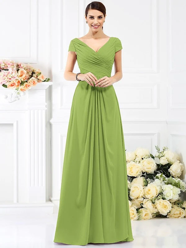 V-Neck Elegant Pleats Short Sleeves Long Chiffon Bridesmaid Dresses - Image 14