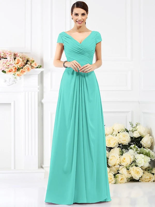 V-Neck Elegant Pleats Short Sleeves Long Chiffon Bridesmaid Dresses - Image 15