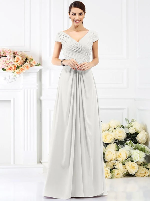 V-Neck Elegant Pleats Short Sleeves Long Chiffon Bridesmaid Dresses - Image 16