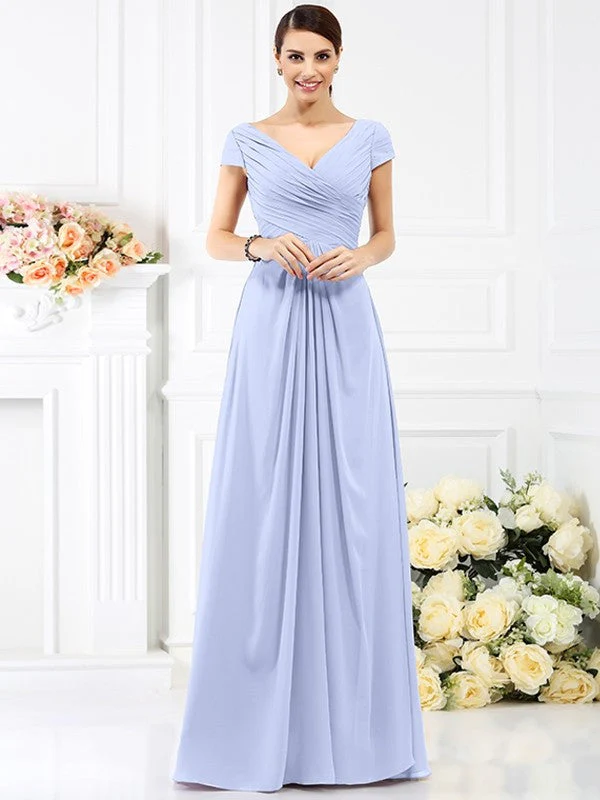V-Neck Elegant Pleats Short Sleeves Long Chiffon Bridesmaid Dresses - Image 17