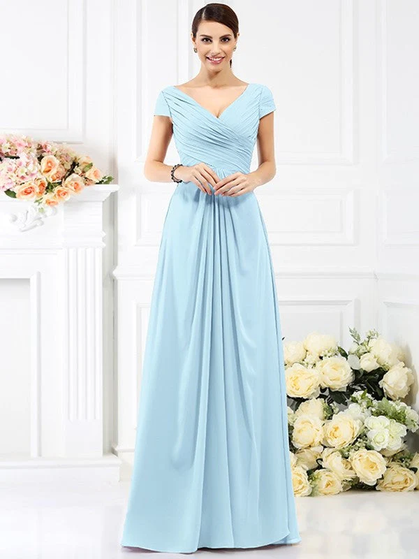 V-Neck Elegant Pleats Short Sleeves Long Chiffon Bridesmaid Dresses - Image 18
