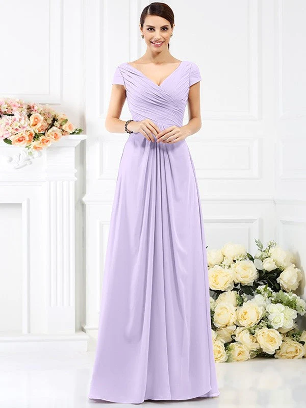 V-Neck Elegant Pleats Short Sleeves Long Chiffon Bridesmaid Dresses - Image 19