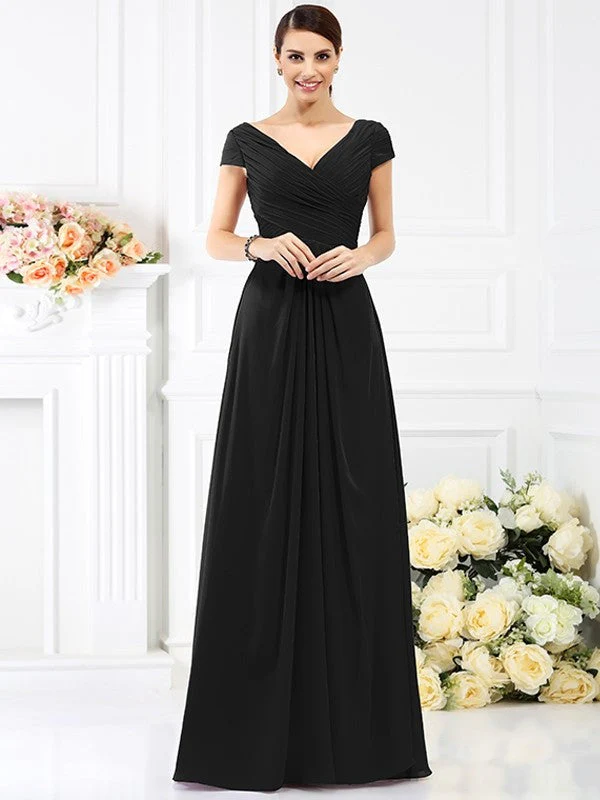 V-Neck Elegant Pleats Short Sleeves Long Chiffon Bridesmaid Dresses - Image 2