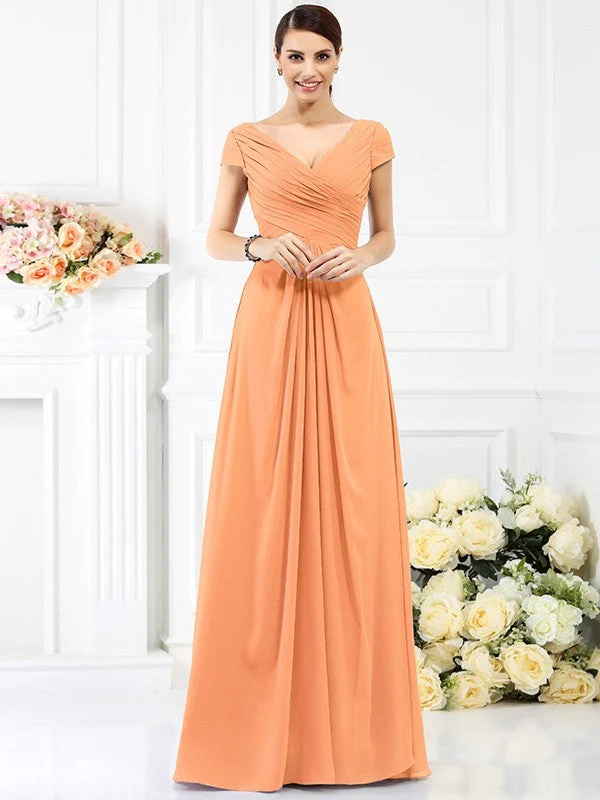 V-Neck Elegant Pleats Short Sleeves Long Chiffon Bridesmaid Dresses - Image 20