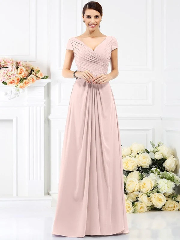 V-Neck Elegant Pleats Short Sleeves Long Chiffon Bridesmaid Dresses - Image 21