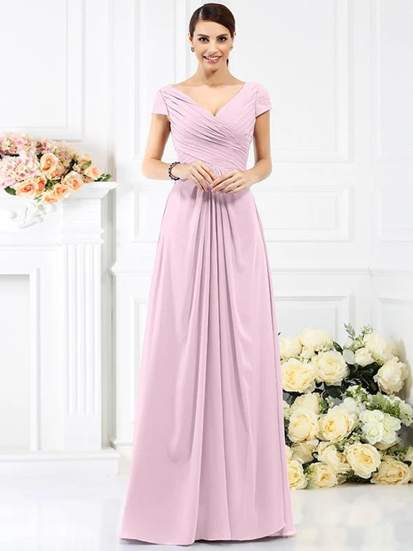 V-Neck Elegant Pleats Short Sleeves Long Chiffon Bridesmaid Dresses - Image 22