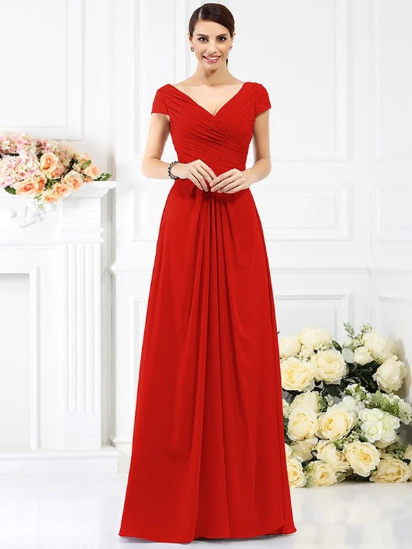 V-Neck Elegant Pleats Short Sleeves Long Chiffon Bridesmaid Dresses - Image 23