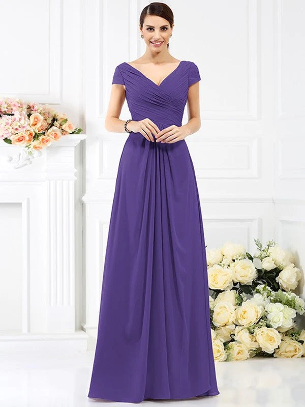 V-Neck Elegant Pleats Short Sleeves Long Chiffon Bridesmaid Dresses - Image 24