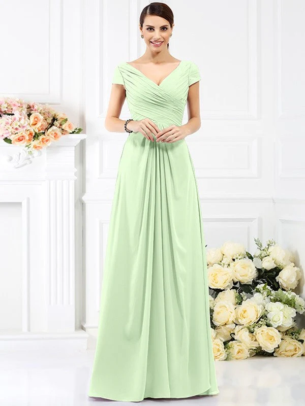 V-Neck Elegant Pleats Short Sleeves Long Chiffon Bridesmaid Dresses - Image 26