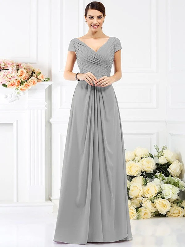 V-Neck Elegant Pleats Short Sleeves Long Chiffon Bridesmaid Dresses - Image 27