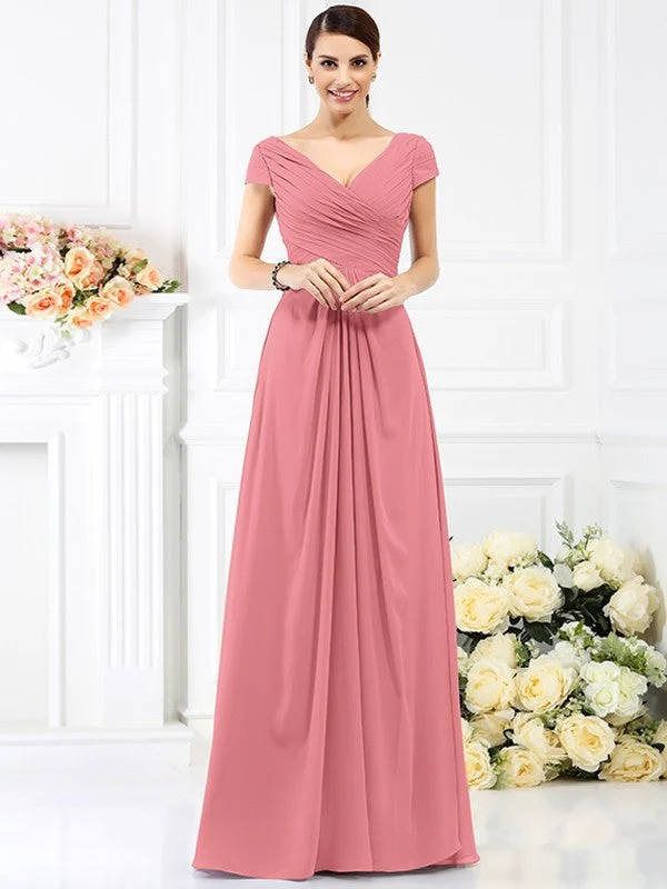 V-Neck Elegant Pleats Short Sleeves Long Chiffon Bridesmaid Dresses - Image 28
