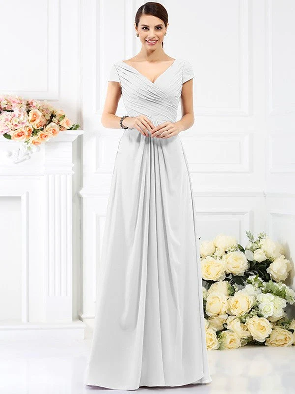 V-Neck Elegant Pleats Short Sleeves Long Chiffon Bridesmaid Dresses - Image 29