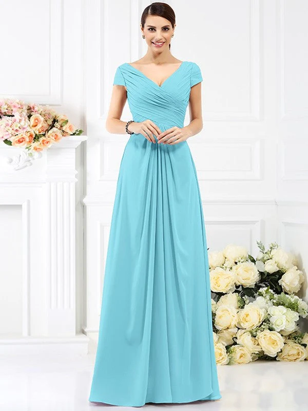 V-Neck Elegant Pleats Short Sleeves Long Chiffon Bridesmaid Dresses - Image 3