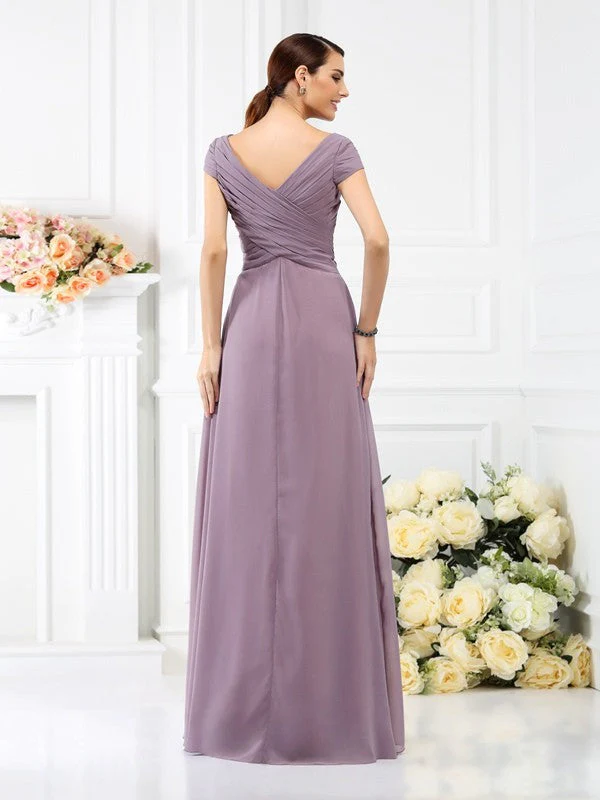 V-Neck Elegant Pleats Short Sleeves Long Chiffon Bridesmaid Dresses - Image 30