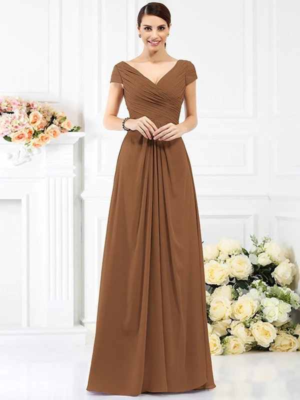 V-Neck Elegant Pleats Short Sleeves Long Chiffon Bridesmaid Dresses - Image 4