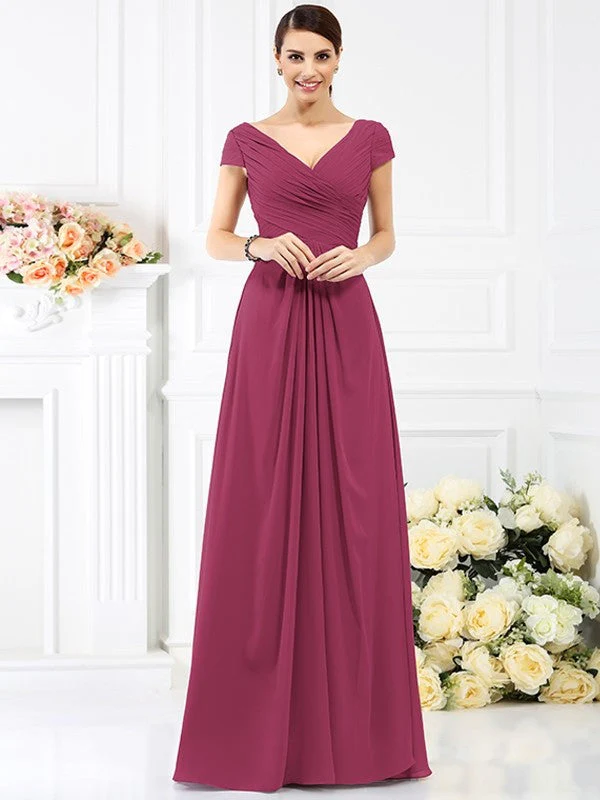 V-Neck Elegant Pleats Short Sleeves Long Chiffon Bridesmaid Dresses - Image 5