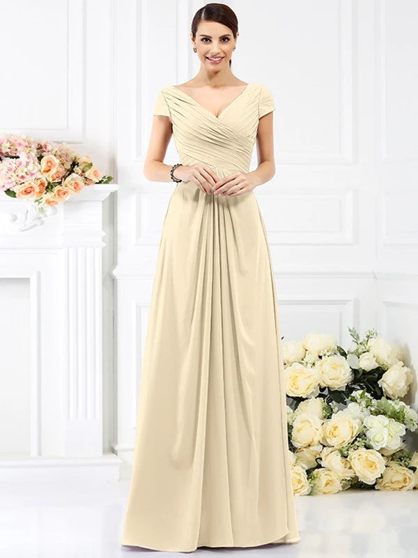 V-Neck Elegant Pleats Short Sleeves Long Chiffon Bridesmaid Dresses - Image 6